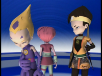 Ulrich, Aelita and Odd, who doesn't feel well after being dropped by the transfer orb, in the Arena.