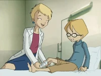 Jeremie's injured ankle being bandaged by Yolanda in Code: Earth after tripping from the school stairs.