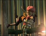 Yumi pushes Aelita out of the way of two laser beams.