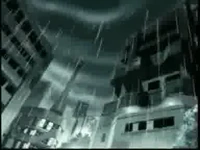 Buildings stand tall as the rain continues to pour down.