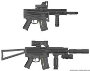 The R7 Huntley is an SLP submachine gun, manufactured for regular and special ops use. It possesses a medium rate of fire, mediocre accuracy (at range), high power, and a decent amount of recoil. With the regular variant, the weapon is better off in close to medium range and can take out multiple targets with one magazine. With the spec ops variant, the weapon has been changed so it can adapt to long range environments as well. The weapon overall, however, is used primarily in special operations rather than by regular soldiers.