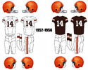 In 1952, the NFL transitioned from leather to hard plastic helmets, which is indicated in the new look. The Browns' head coach Paul Brown began developing the league's first player facemasks, which were pretty much, by 1956, in common use.