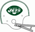 Helmet design used from 1972-1976. Note the logo being centered in the middle of the helmet, as opposed to the upward tilt logo placement used from '65 to '71. Hall of Fame FB John Riggins played for the Jets with Namath in this helmet.