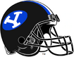 Black "blackout" helmet with blue/white "Y" logo and black facemask.