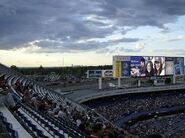 Buffalo's downtown skyline as seen from upper deck during dusk.