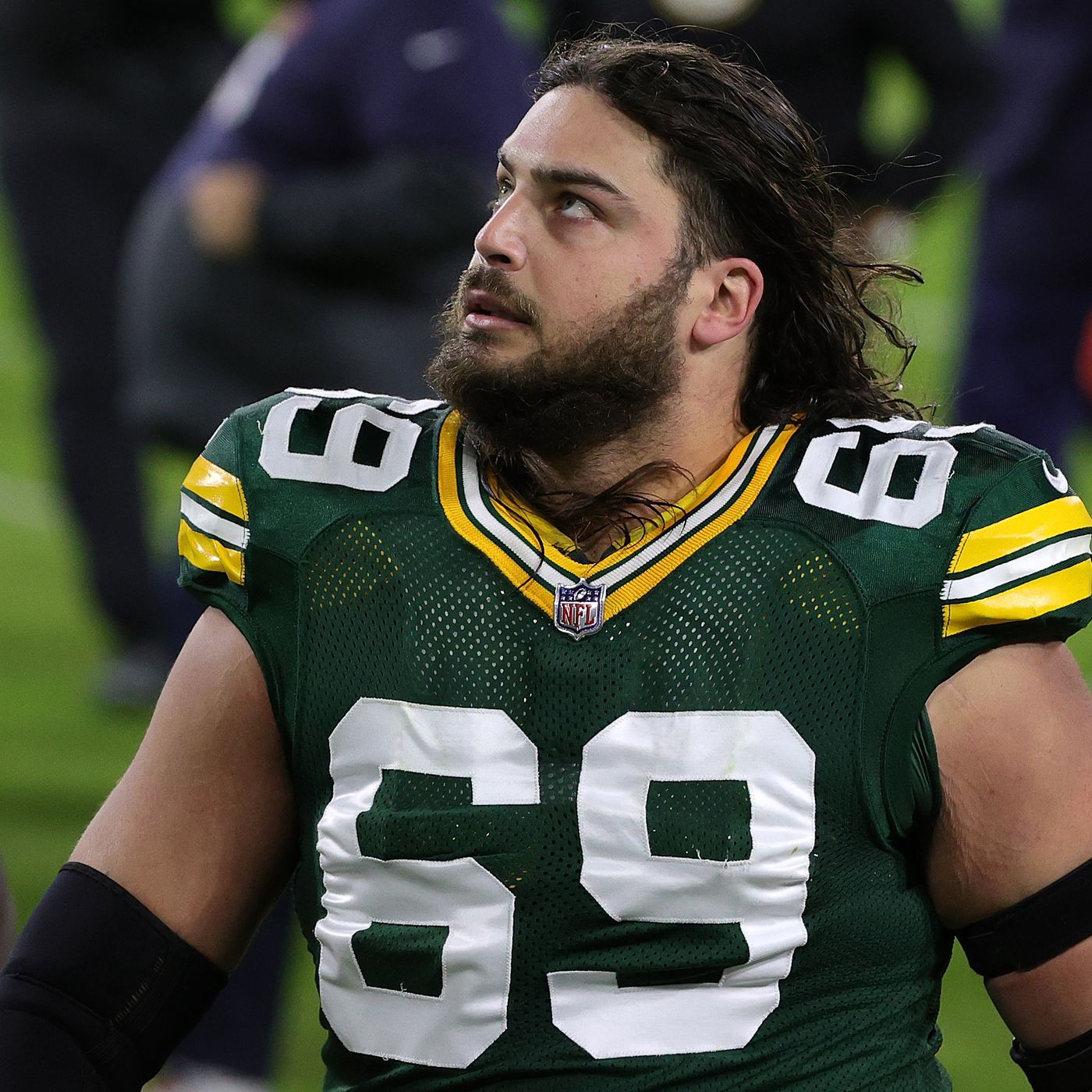 Green Bay Packers offensive tackle David Bakhtiari (69) walks on the field  before an NFL game against the New York Jets Sunday, Oct. 16, 2022, in  Green Bay, Wis. (AP Photo/Jeffrey Phelps