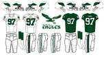Eagles jersey/pants from 1970-73. Note: the team wore the white pants with the kelly green stripes in 1970 before switching to the white pants with a lone green stripe with black trim in 1971. Black trim was also added to the helmet logo in 1973.