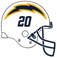Second alternate helmet, which uses navy blue on the facemask and on the bolt emblem, which hearkens back to the team's inaugural season in LA in 1960, when the team used a navy colored bolt as the emblem, sans the gold trim.