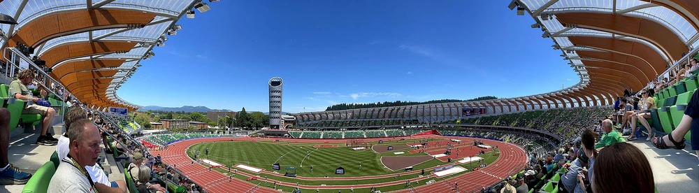 A panoramic view of the redeveloped Hayward Field in June 2021