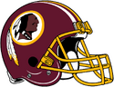 Redskins helmet, used from 1972-1981, 1983-2019 - the Redskins decided to ditch the gold helmet which had the encircled "R" logo for a new burgundy helmet, which used the redskin Indian mascot encircled, while maintaining the indian feathers outside of the yellow circle; this helmet (with the facemask color changed from grey to yellow in 1978) virtually remained unchanged through the 2019 season.