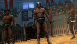 Several gladiators before a fight in the arena.