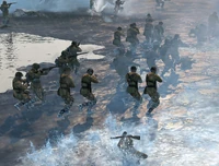 Conscript squads charging through the river.