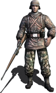 Artist's render of a wehrmacht sniper. He appears to be a member of waffen SS, due to his woodland camouflage uniform.