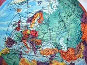 The Hyborian Age map sketched over a globe, to show boundaries and geography based on the conical projection of Europe that Howard used, calculated by fans Scotty Henderson and Halfdane. Note that northerly regions are more compact, and the Vilayet Sea has a pronounced northeast bent as a result