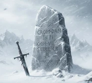 A stone in Cimmeria with a sword and runic writing