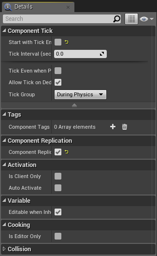 Properties of our actor component. Note the yellow arrows for the properties we changed.