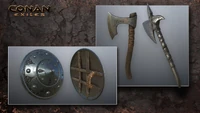 Concept art: Axe (Iron Axe), Shield (Iron Targe)