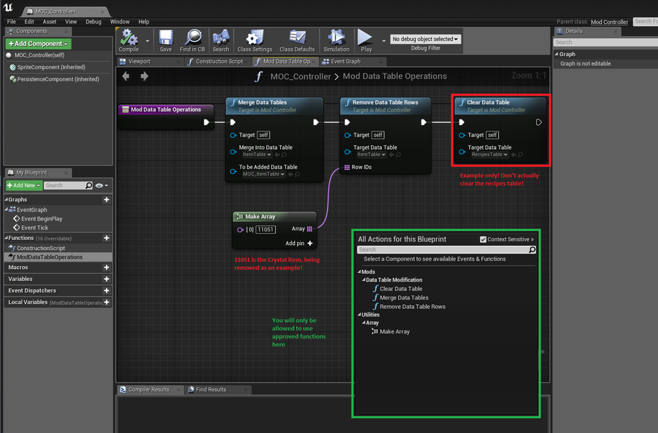 Example showing ModDataTableOperations being used to Merge datatables, remove rows and clear a data table.