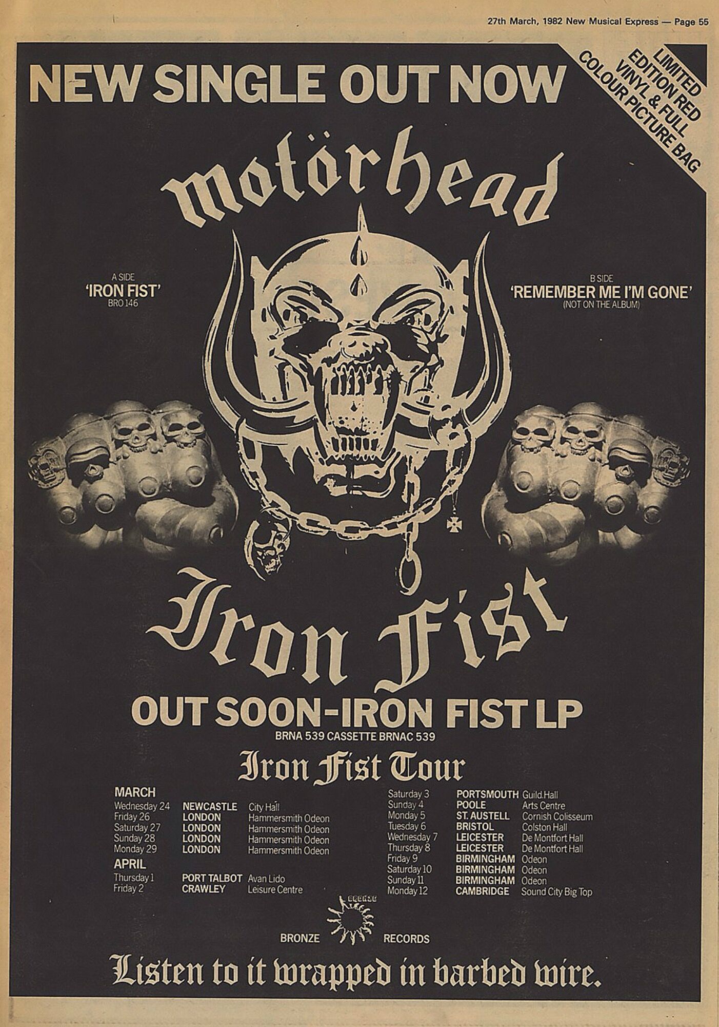 Motorhead Tour Program for Iron Fist Tour Printed by Ballantine UK