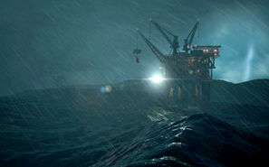 The Oil Rig seen from afar, just before Ford arrives to it.