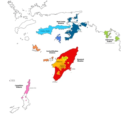 A map of the various extant dialects of Rhodian