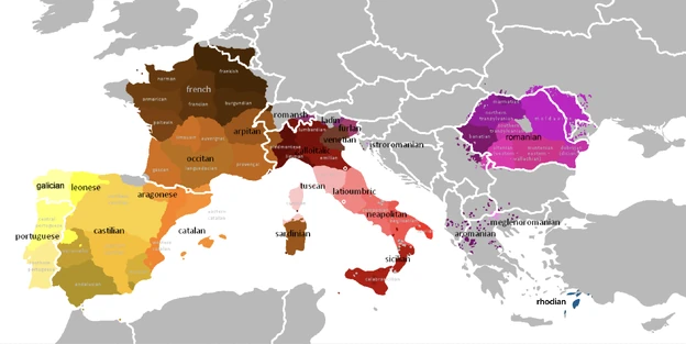 A map of European Romance languages, with Rhodian highlighted in bold