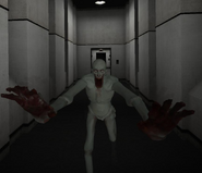SCP-096 pursuing the player with its arms raised at the front.