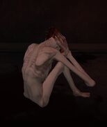 SCP-096's sitting animation with its hands over its ears in a lockroom.