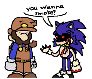 Snowman64's drawing of Sonic.dat offering Brick Man to smoke. (non-canon)