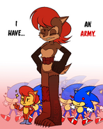 A drawing of Sally_ALT with an army of Sunkies, a single Sunky.MPEG and a lone Silly.TIFF.