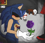 X looking at a purple rose.
