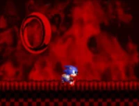 Sonic passes by a familiar giant ring like the one from Not Special, Act 0, but it's crimson red instead of a dull grey