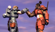 "Bill" locking hands with Jaguar in the opening cutscene of Neo Contra.