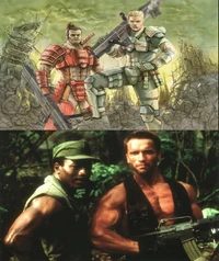 A comparison image of both Carl Weathers and Arnold Schwarzenegger from Predator.
