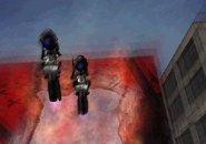 Bill and Lucia crash through the poster into the fray.