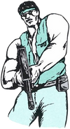 Machine Gun Soldier artwork from the Japanese Super C (FC) instruction booklet.
