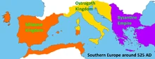The three dominant powers in Southern Europe around 525 AD.
