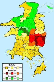 Religion in Soigá per muncipality. The muncipality of Pojiṫíjá (the middlest of the Devernese muncipalities on the eastern coast) should be middle yellow.