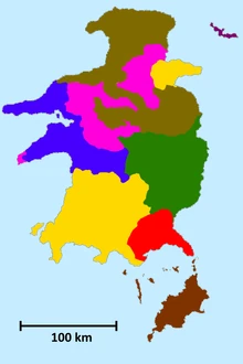 Dialects in Soigá. Red = Devernese. Yellow = Milatese. Green = Eastern. Blue = Western. Pink = Firrobatistic. Brown = Northern. Purple = Namofellan. Deep Brown = Hitikan.
