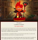 Fire Spirit Cookie's description in the Cookie Run personality quiz.