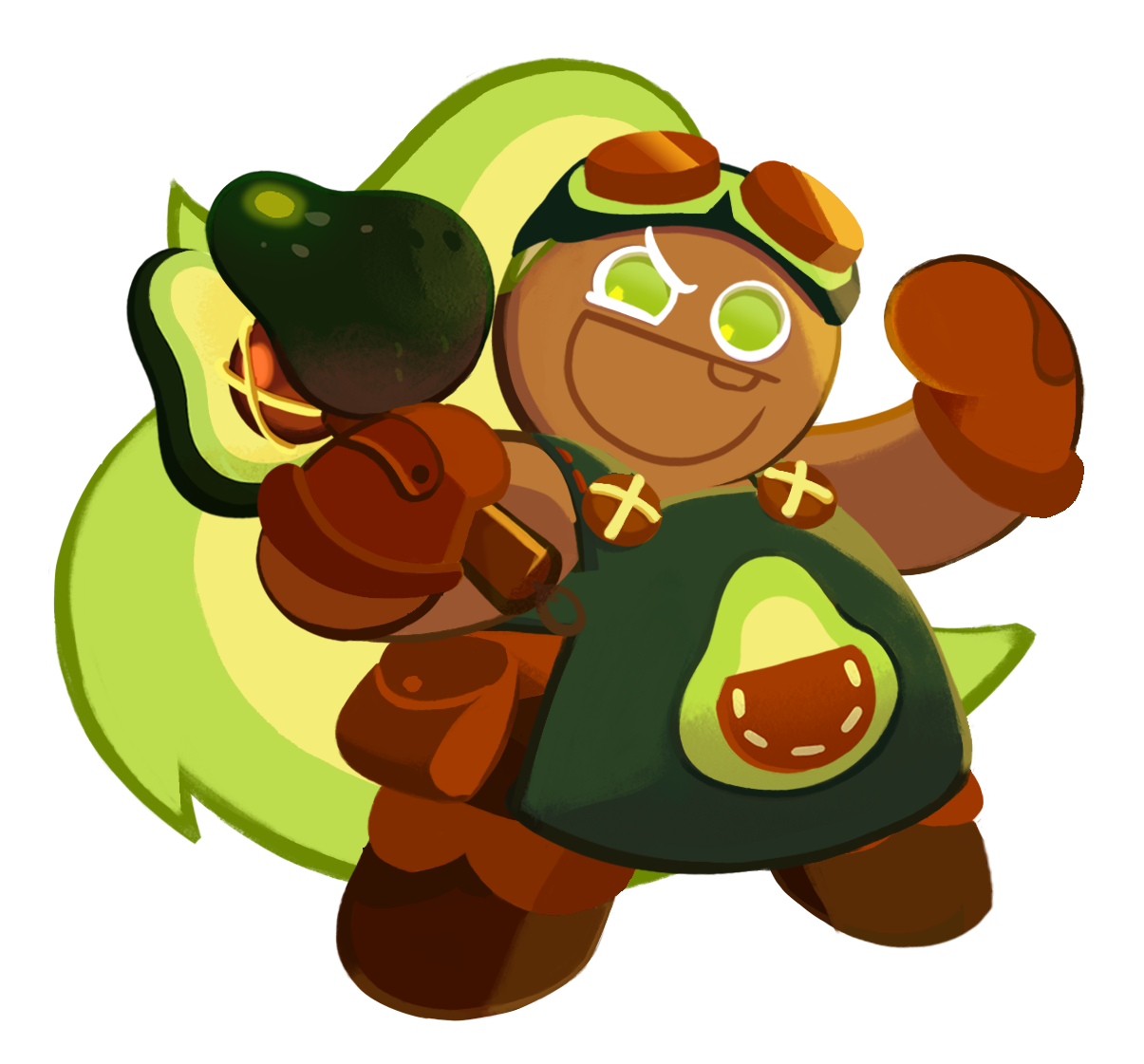 Avocado Cookie de Cookie Run Kingdom. Una galleta mujer humanoide, herrera con motif de palta.