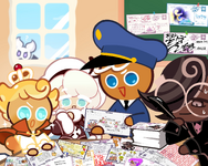 Promotional Image from GingerBrave's Twitter with Custard Cookie III, GingerBrave, Espresso Cookie, and Bat-Cat