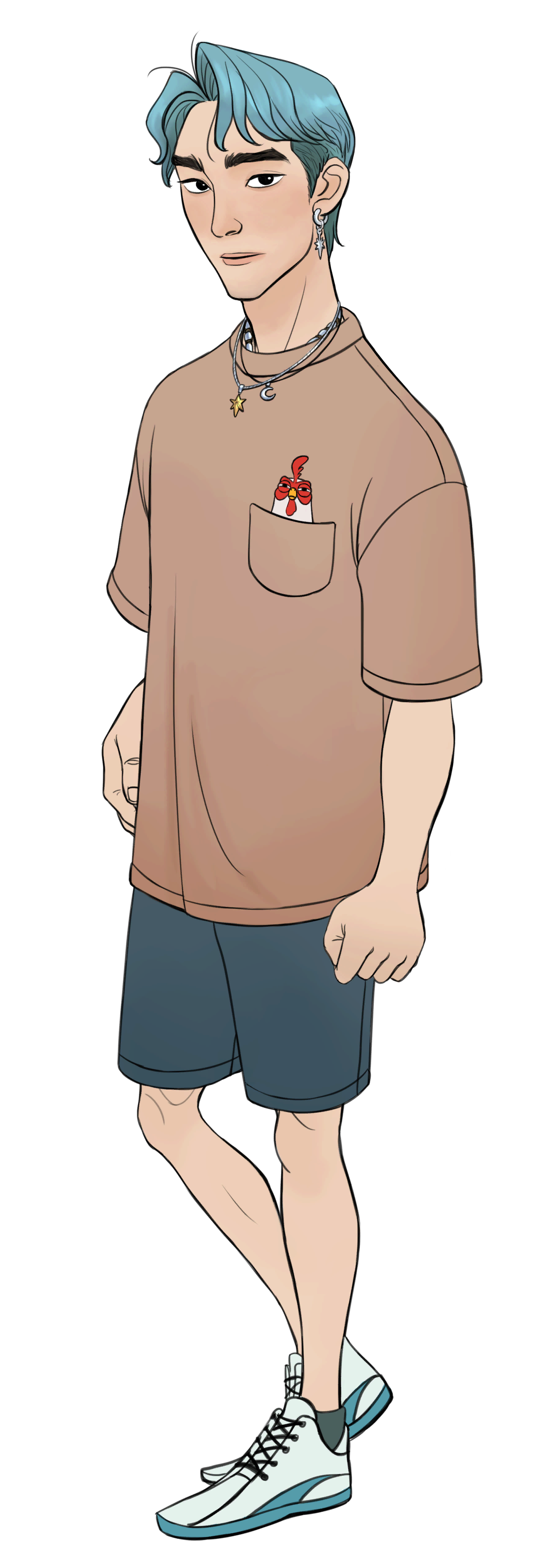 Official artwork of Wakuu in his summer outfit with his pretty blue hair and a little rooster in his shirt pocket.'