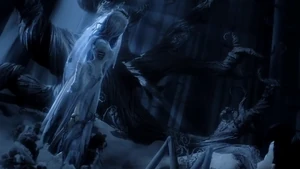 Emily emerging from the ground to accept Victor's marriage proposal.