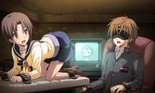 Tsukasa being blindfolded and tied down Yui with a man named MORISAW in the form of the Antique Doll on TV instructing to play a game