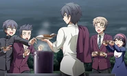 Sakutaro, Yuka, Kensuke Kurosaki, and Masato Fukuroi being addicted to Yuuya Kizami's curry