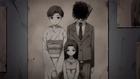 Sachiko with her parents, her father's face scribbled out