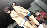 Naho and Naomi doing buttocks sumo in fundoshi with Shougo as the referee