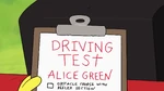 He holds up a driving test on a clipboard for Gramma.