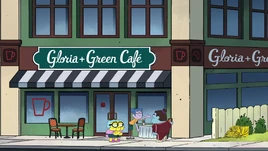 Sue shown to the patio table